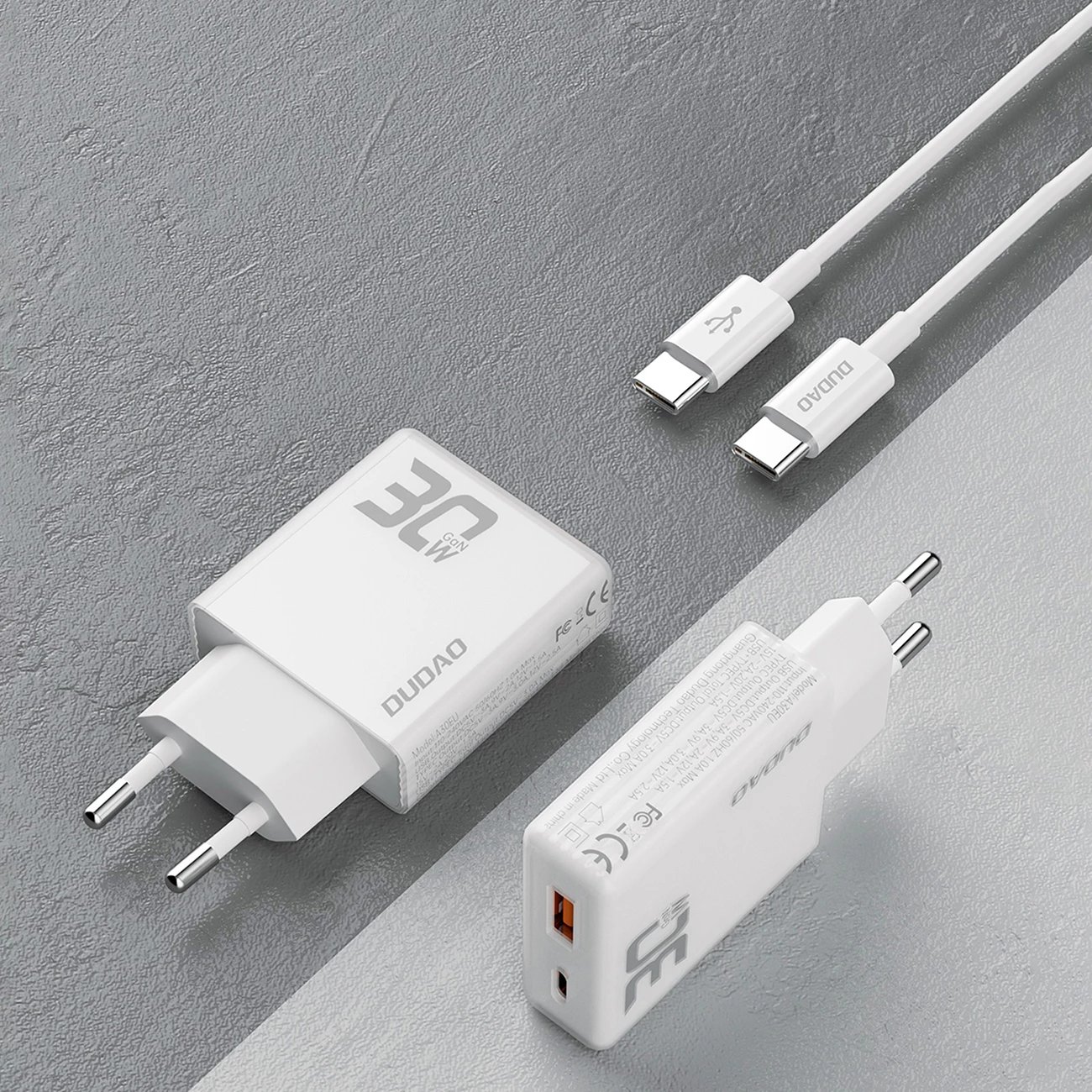 Karikues muri Dudao A30EUT GaN 30W me 2 porta USB-A/USB-C dhe kabllo USB-C në USB-C, Bardhë Karikues muri Dudao A30EUT GaN 30W me 2 porta USB-A/USB-C dhe kabllo USB-C në USB-C, Bardhë