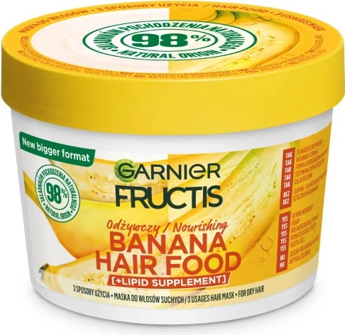 Maskë për flokë për femra Garnier Fructis Banana Hair Food, 400ml