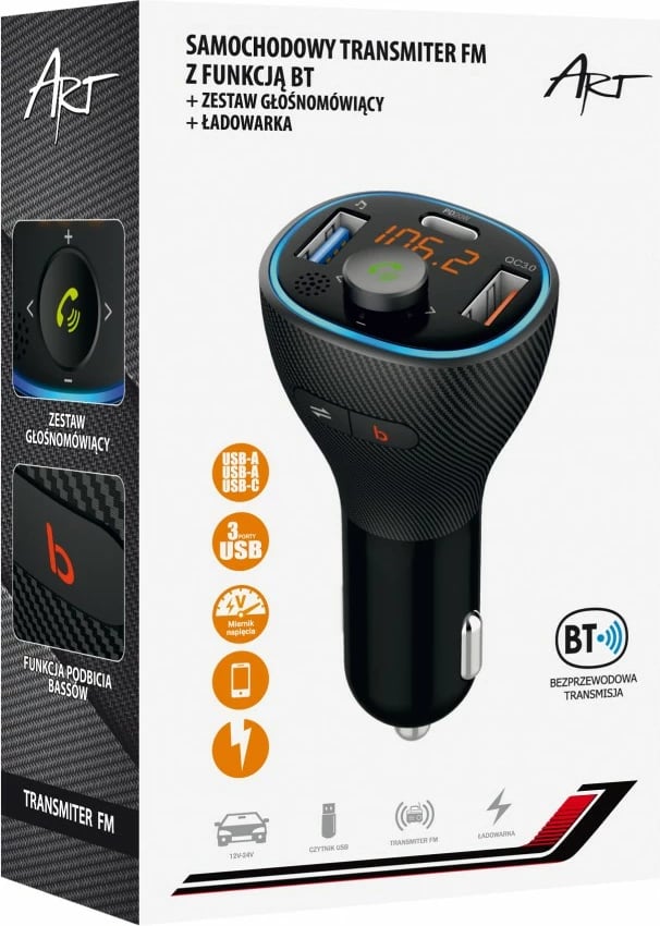 Transmetues FM për veturë ART MP3TR FM-73, Bluetooth, USB QC3.0, i zi
