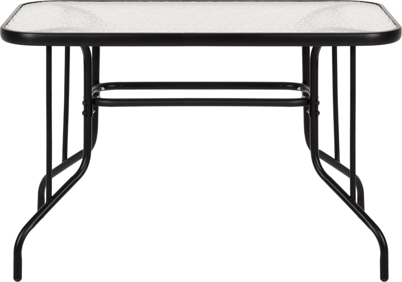 Tavolinë metalike për jashtë ADAM, e zezë, me sipërfaqe xhami të forcuar, 110x60x71 cm