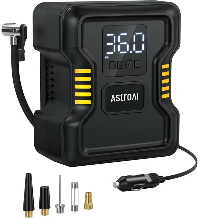 Kompresor ajri portativ AstroAI JY21P160-12, 150 PSI, 120W, me ekran dixhital dhe dritë LED, i zi