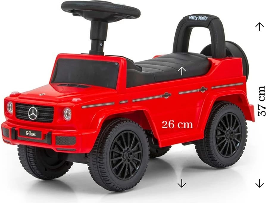 makinë lodër shtytëse për fëmijë, Milly Mally, Mercedes G350d, timon me tinguj, rrota para rrotulluese, sedilje me hapësirë, 12-36 muaj, 25 kg, e kuqe