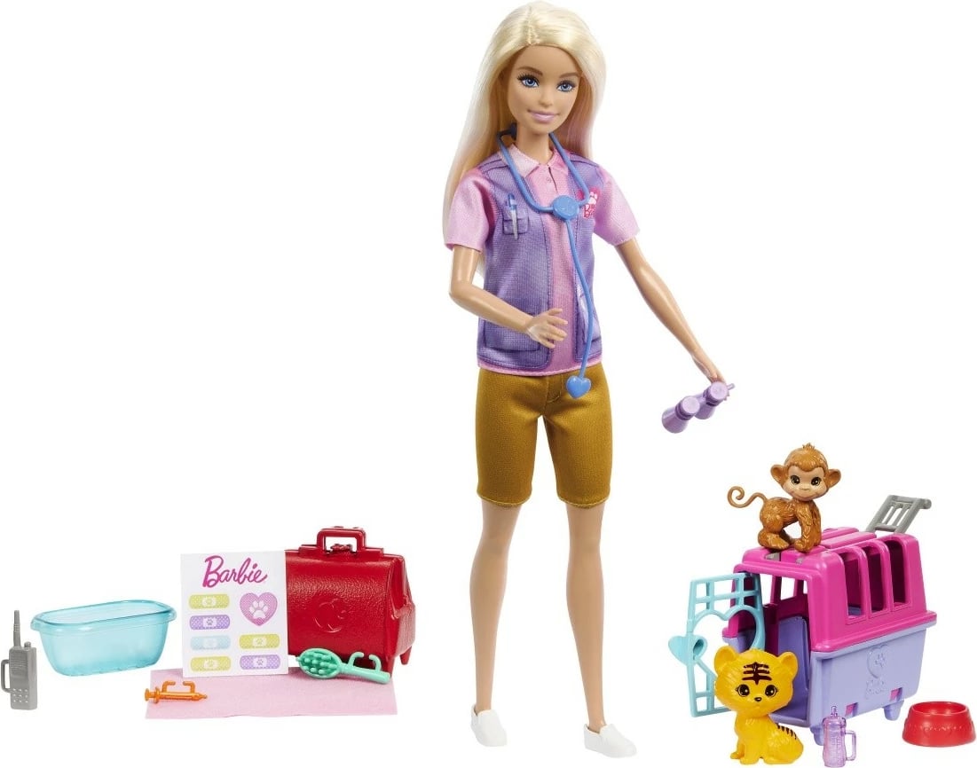 Set lodrash Barbie Mattel HRG50 Animal Rescue Worker, me kukull, majmun, këlysh tigri dhe aksesorë, për fëmijë