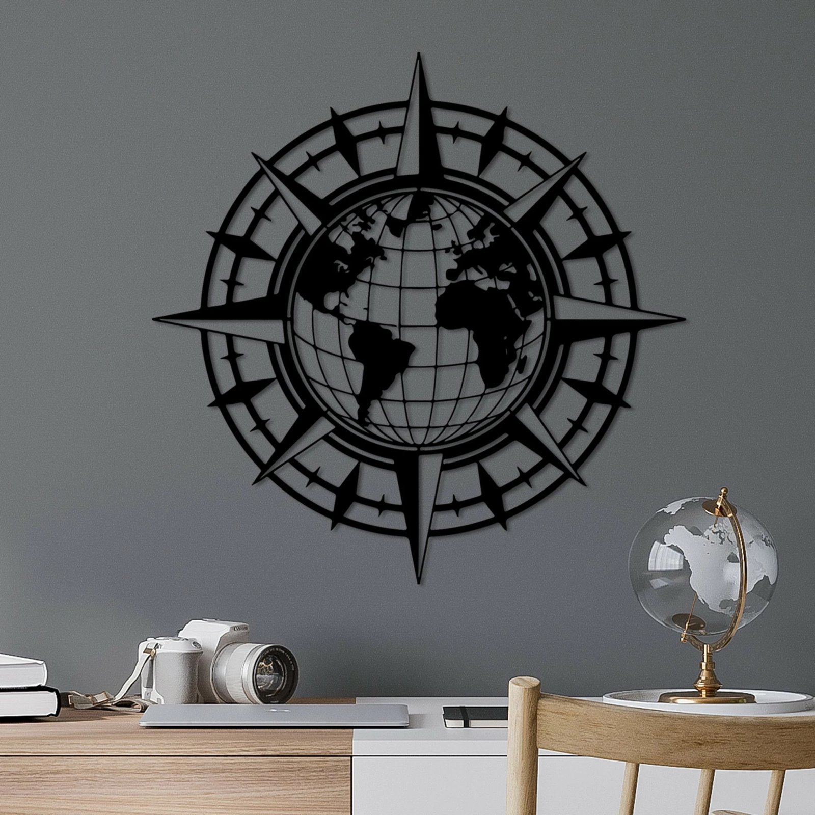 Aksesor dekorativ metalik për mur, Bussola, Wallity, ngjyrë e zezë, 49x49cm