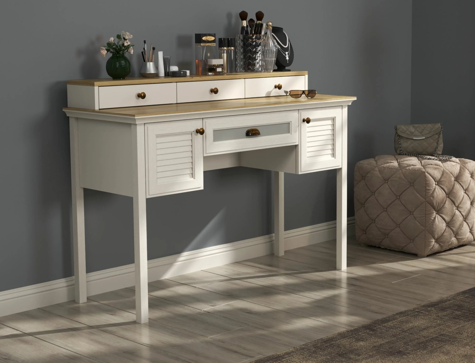 Tavolinë grimi Skye Decor, krem, lis, gri, FRN-21032