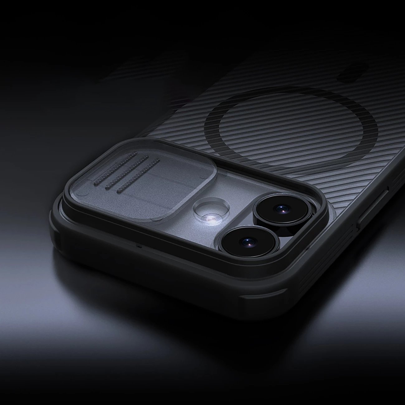 Mbështjellës Nillkin CamShield Pro për iPhone 17, MagSafe kompatibil, PC+TPU, transparent i zi