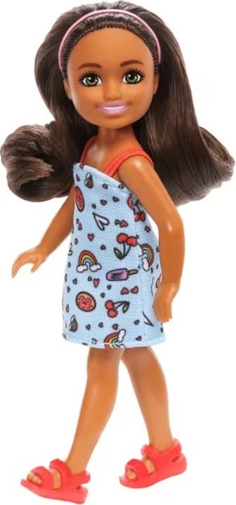Kukull Barbie Chelsea Mattel DWJ33/HXM97, 15 cm, fustan kaltër, flokë kafe