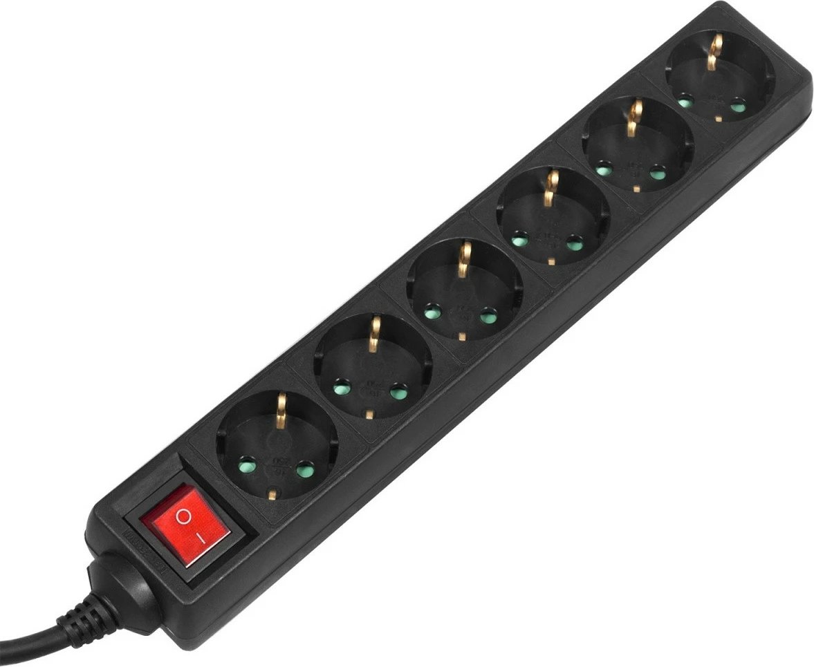 Zgjatës rryme, Maclean MCE195G, 6 presa Schuko, kabllo 5 m, me ndërprerës, i zi