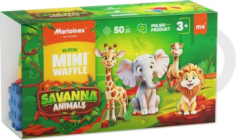 Set blloqesh ndërtimi Marioinex Mini Waffle Animals Savanna, 50 pjesë, plastikë e ricikluar, shumëngjyrëshe