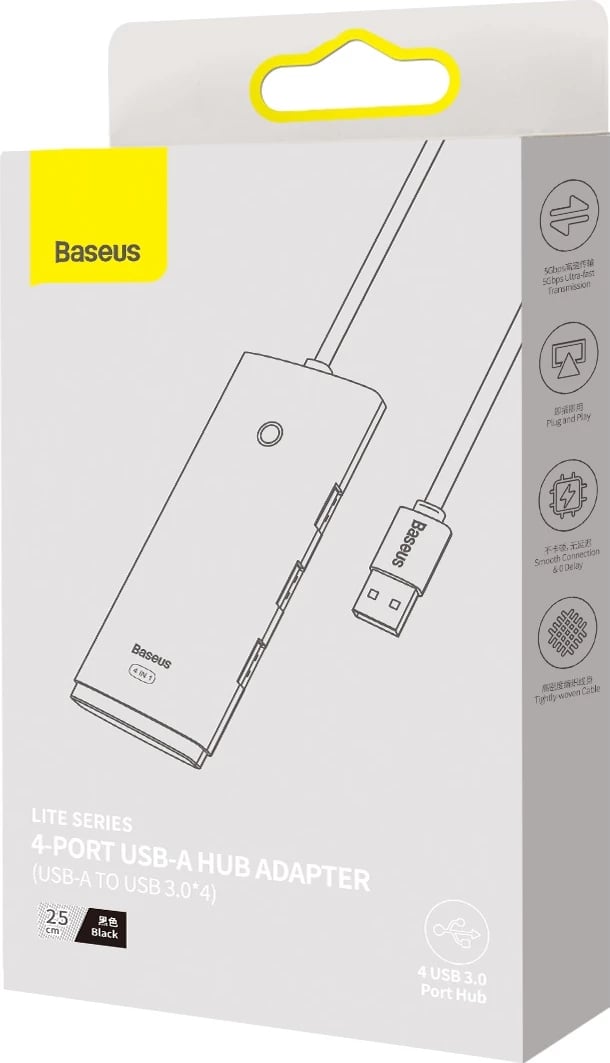 HUB Baseus Lite Series WKQX030001, 4x USB-A 3.0, 0.25m, zi