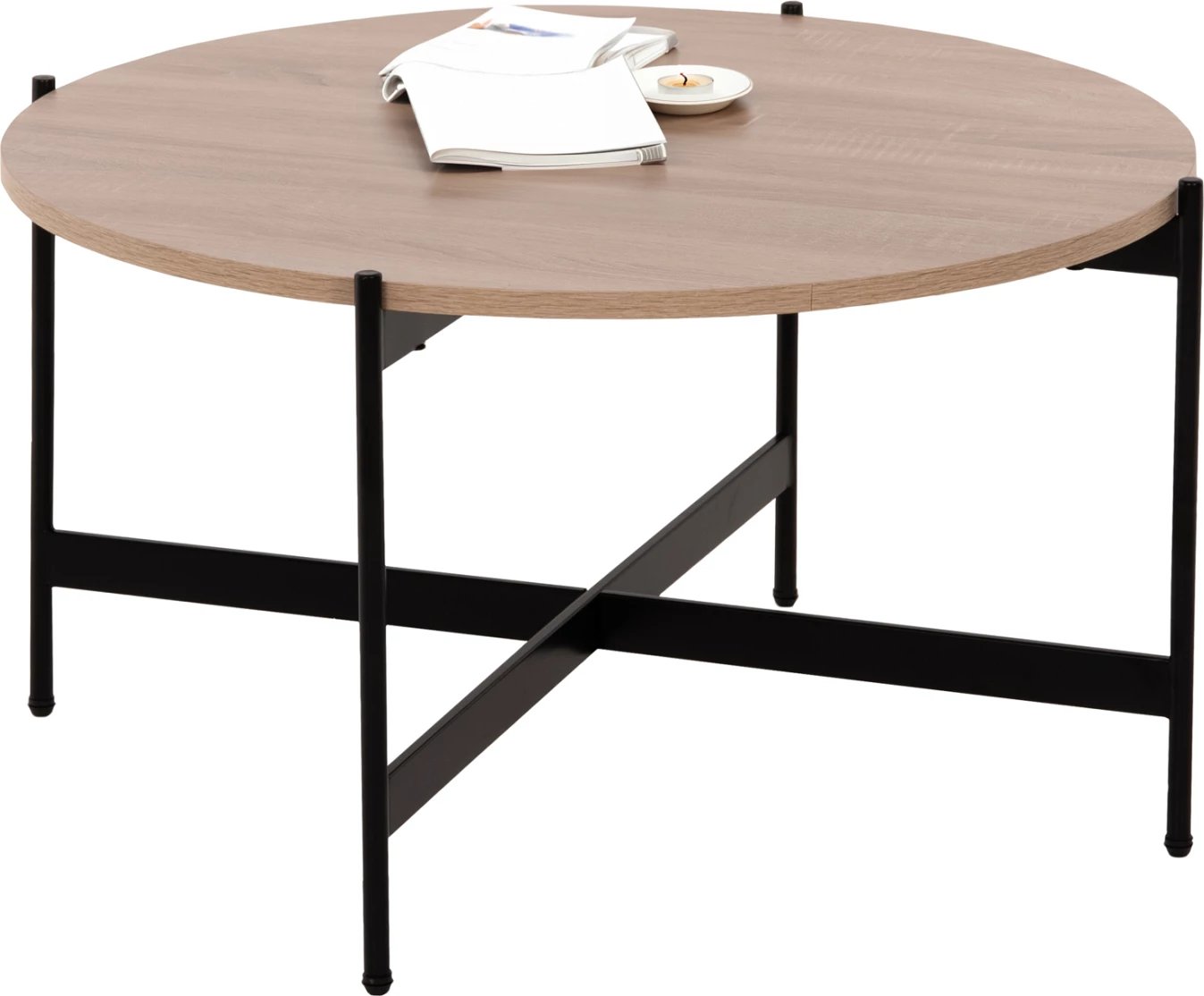 Tavolinë kafeje FH9588.03, sipërfaqe MDF, ngjyrë sonoma, bazë metalike e zezë, Φ80x45H cm