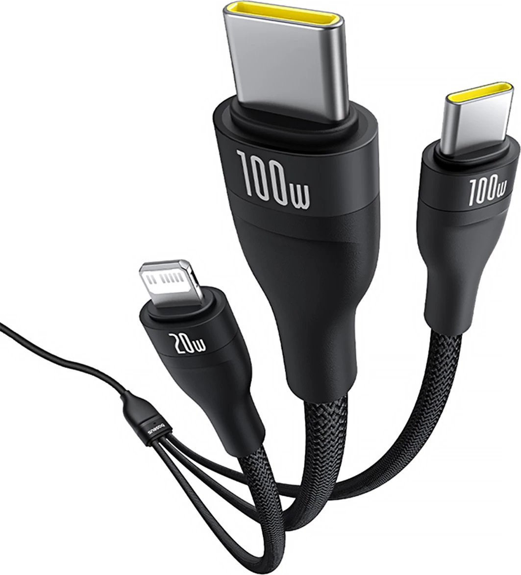 Kabllo 3-në-1 Baseus Flash Series 3, 100W, USB-C në USB-C+USB-C+Lightning, 1.5m, e zezë Kabllo 3-në-1 Baseus Flash Series 3, 100W, USB-C në USB-C+USB-C+Lightning, 1.5m, e zezë