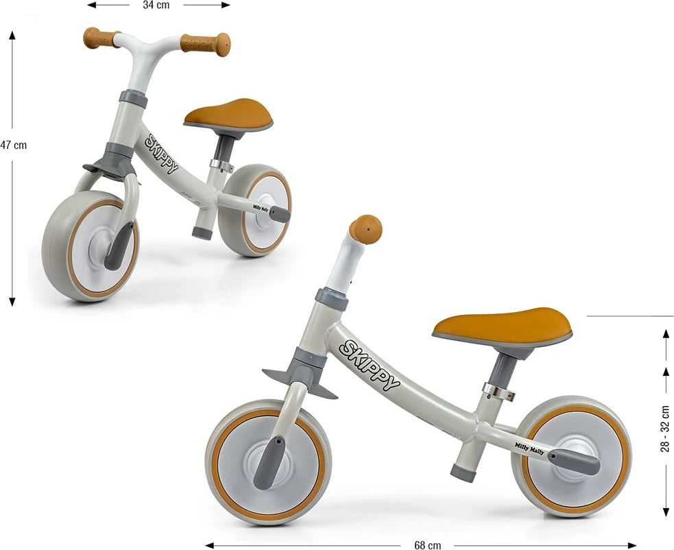 bicikletë pa pedale, Milly Mally, Skippy, kornizë çeliku, rrota EVA pa shpim, sedile e rregullueshme, 18+ muaj, ngjyrë e bardhë