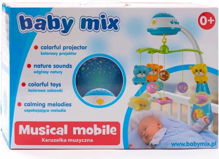 Karusel për krevat bebi, BABY MIX, projektor me yje, 3 melodi, volum i rregullueshëm, gri