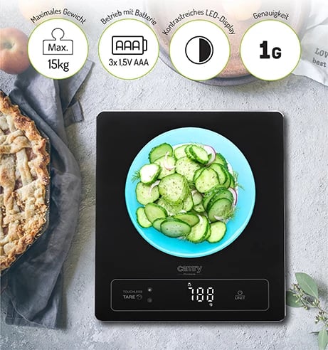 Peshore kuzhine, Camry CR 3175, 15 kg, njësi g/ml/lb:oz/fl'oz, ekran LED, platformë qelqi 24x20 cm, e zezë
