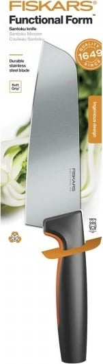 Thikë kuzhine Santoku Fiskars Functional Form 16cm, e zezë/portokalli