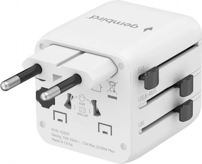 Adapter udhëtimi universal, Gembird, TPA-INT-01-W, priza US/UK/EU/AU, siguresë 10 A, e bardhë