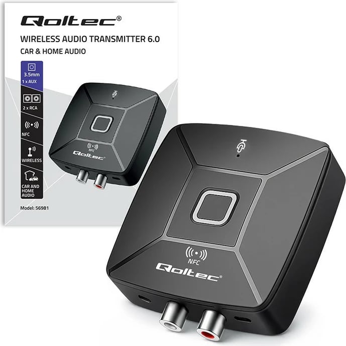 Transmetues/Marrës audio Bluetooth, Qoltec 56981, Bluetooth 6.0, NFC, 2 x RCA dhe 1 x AUX 3.5 mm, mikrofon, USB 5V, e zezë
