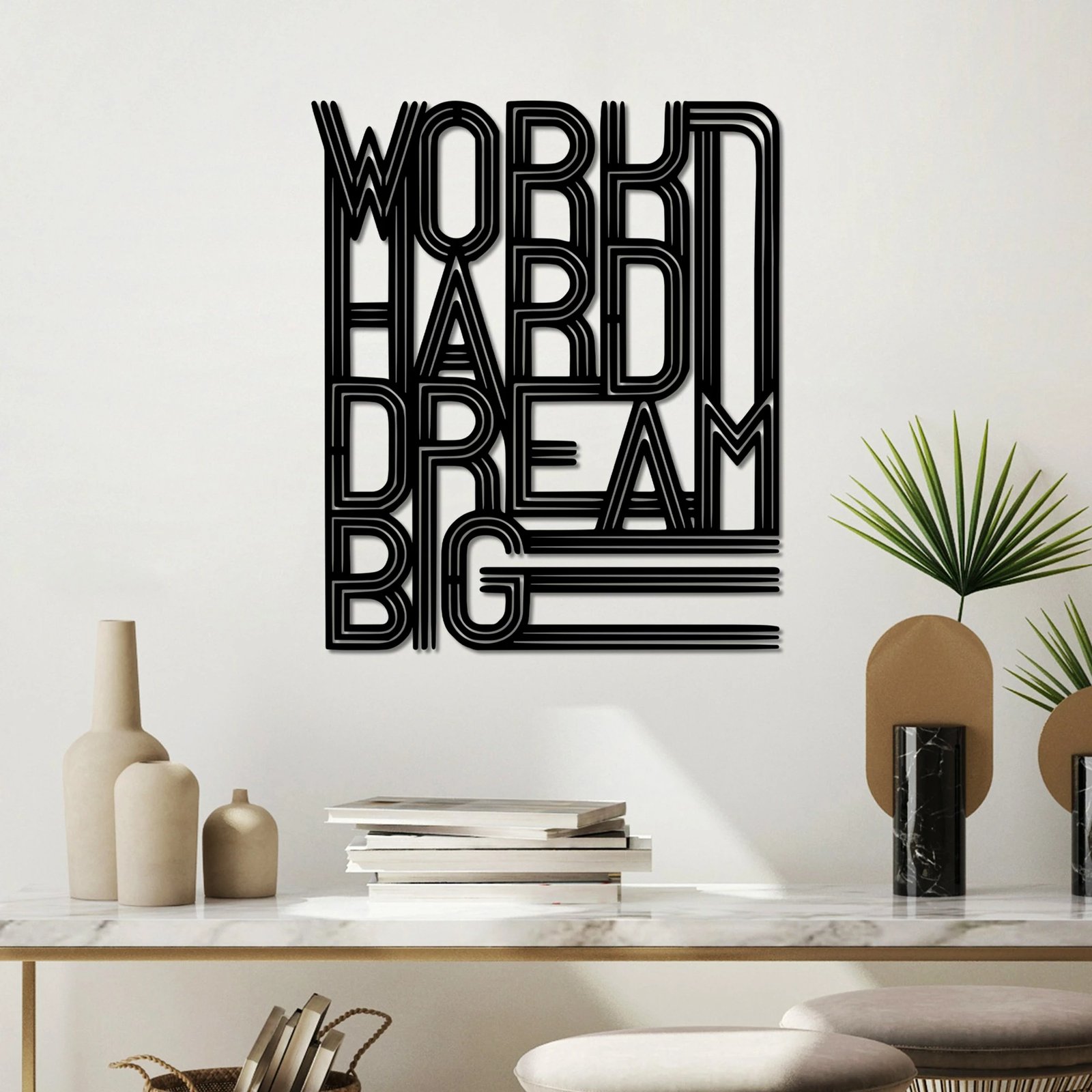 Aksesor dekorativ metalik për mur, Work Hard Dream Big, ngjyrë e zezë, 46x55cm