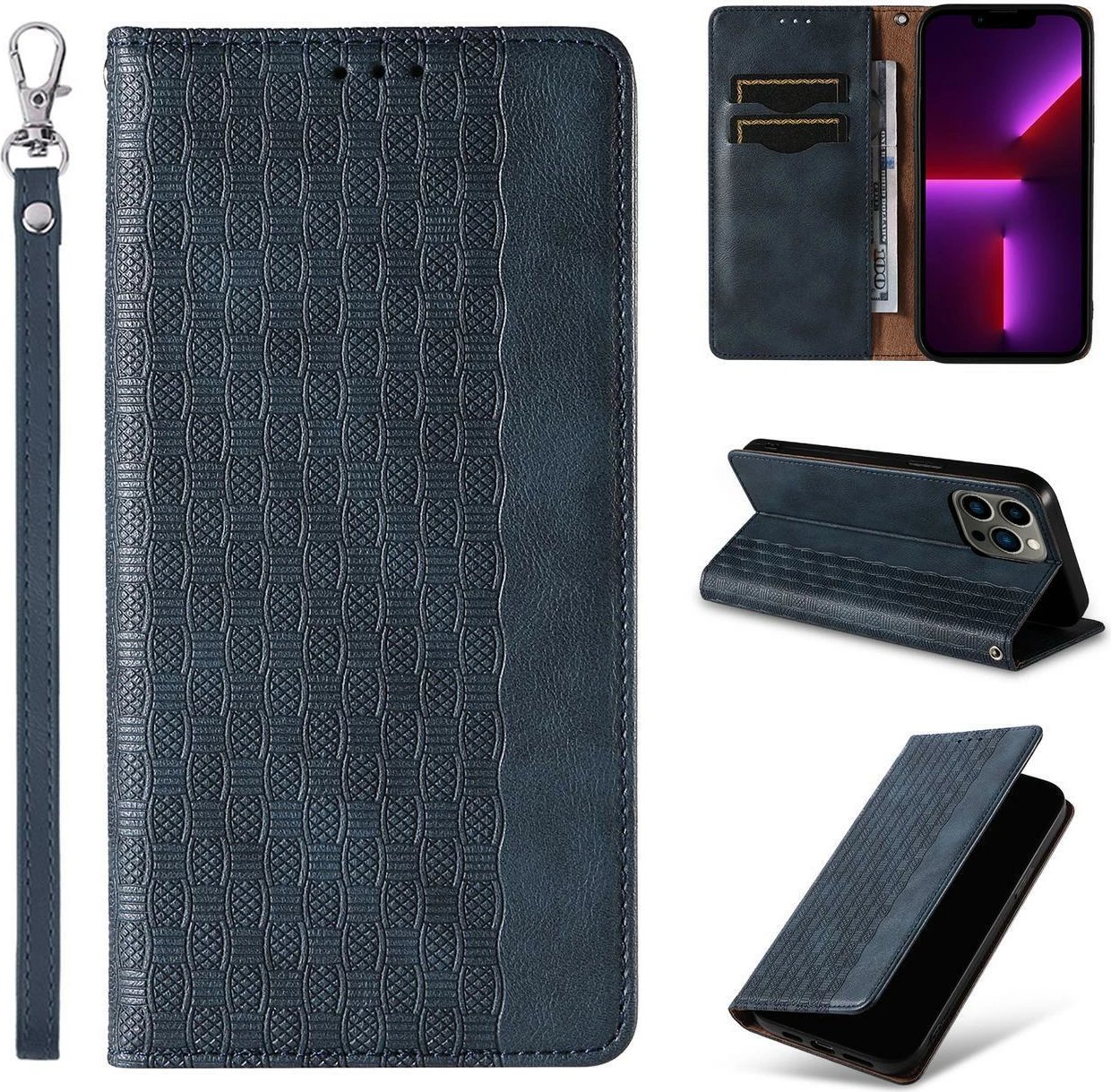 Mbështjellës Hurtel Magnet Strap Case për iPhone 14 Pro Max, me kapak, portofol, qëndrim, rrip dore, kaltër