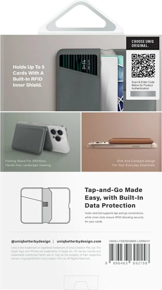 Mbështjellës magnetik me portofol UNIQ Lyden DS, për iPhone me MagSafe, Jeshil
