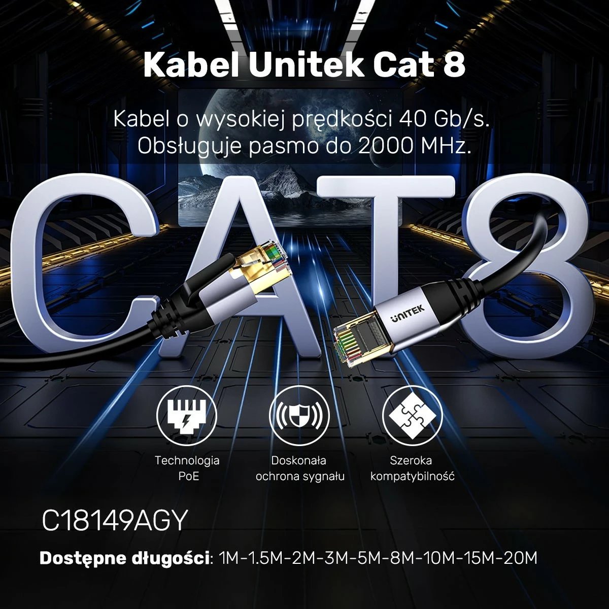 Kabëll Ethernet Unitek RJ-45 LAN, patchcord cat.8, 8m, ngjyrë zi-gri
