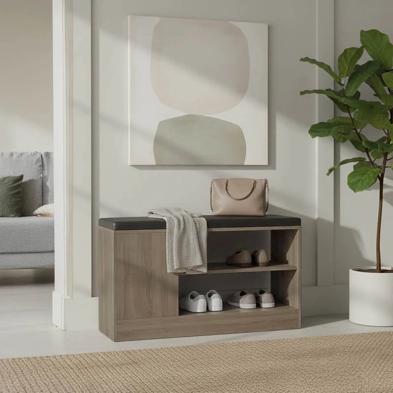 Dollap për këpucë me ulëse Deboule, për 8 palë këpucë, ngjyrë sonoma-e zezë, 90x30x46cm