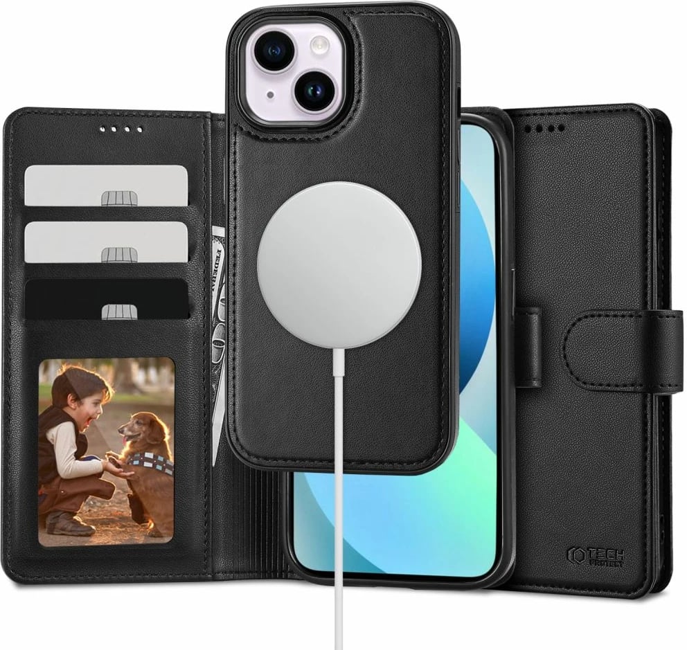 Mbështjellës Tech-Protect Wallet MagSafe për iPhone 13, eko lëkurë, i zi