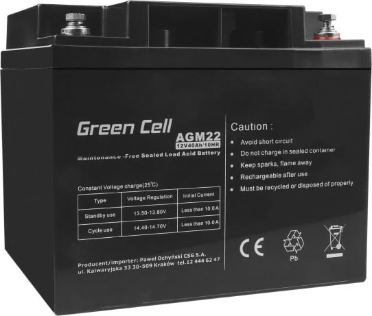 Bateri AGM, Green Cell, AGM22, 12V 40Ah, e zezë