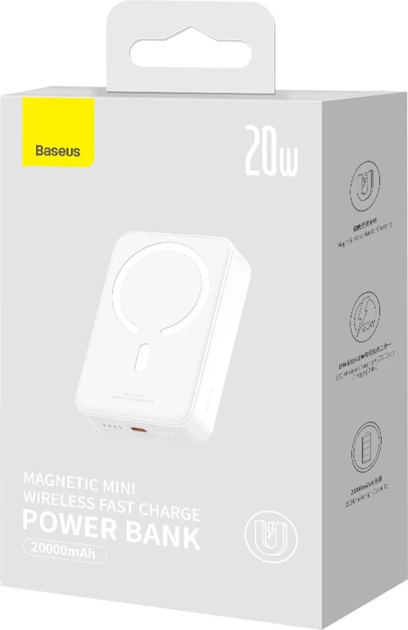 Powerbank Baseus Magnetic Mini 20000 mAh, 20W, USB-C, i bardhë me kabllo USB-C/USB-C