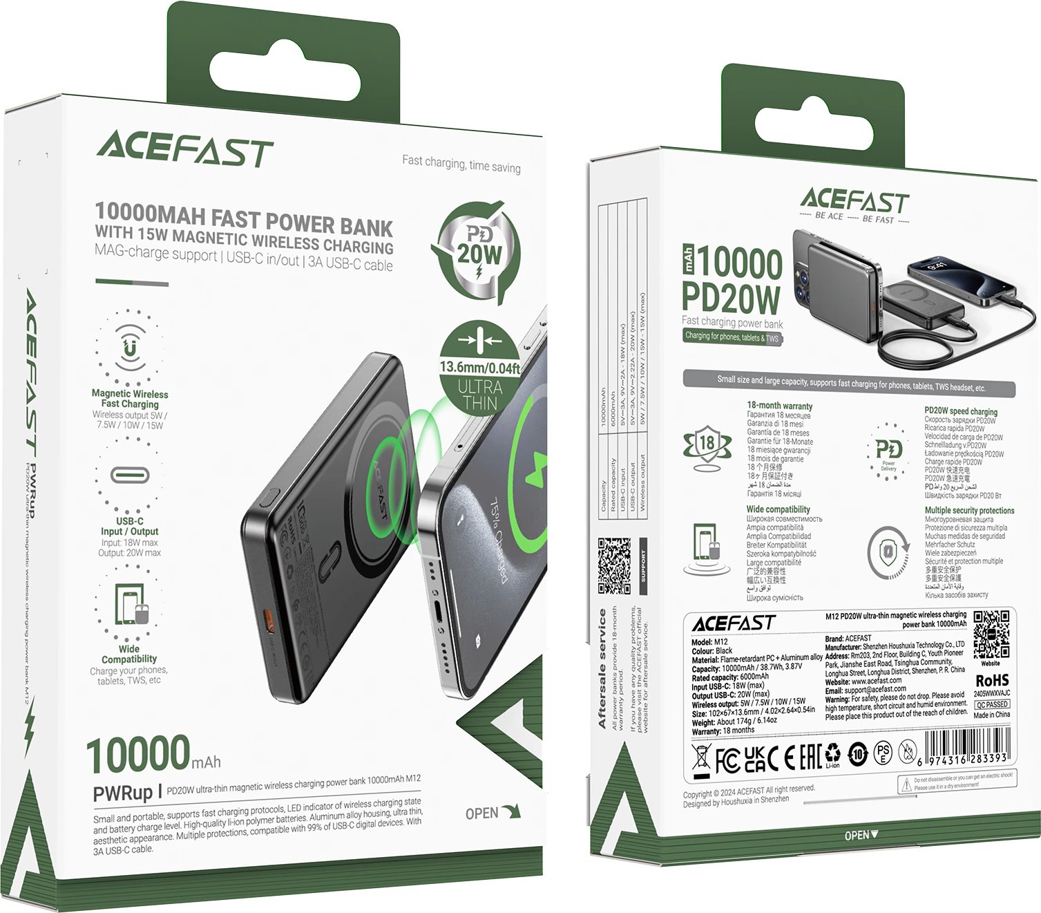 Powerbank Acefast M12-10000 PD20W ultra-slim, MagSafe compatible, zi