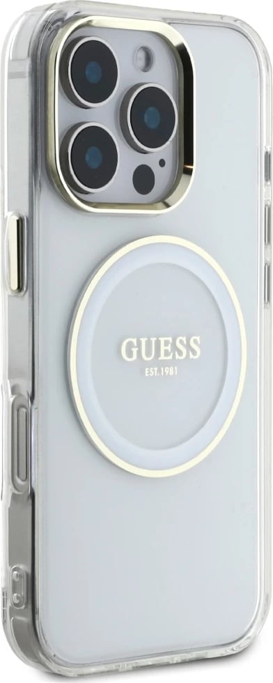 Mbështjellës Guess IML Metal Colored Circle Classic Logo MagSafe për iPhone 16 Pro, Bardhë