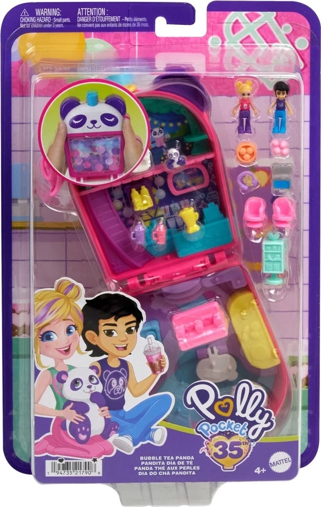Set lodrash Polly Pocket Bubble Tea Panda Compact me 2 kukulla të vogla dhe panda, shumëngjyrësh