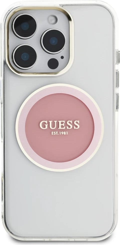 Mbështjellës Guess IML Metal Colored Circle Classic Logo MagSafe për iPhone 16 Pro, Rozë