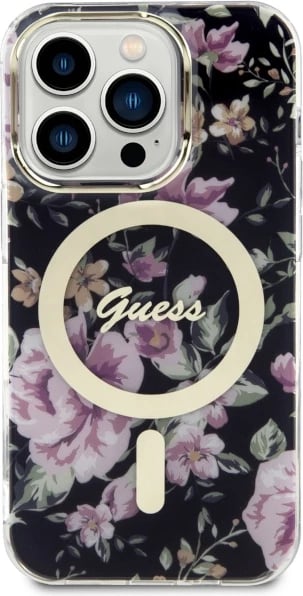 Mbështjellës Guess GUHMP14LHCFWSK për iPhone 14 Pro 6.1", Flower MagSafe, zi