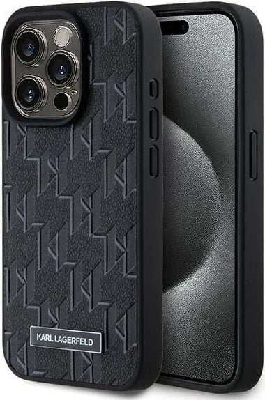 Mbështjellës Karl Lagerfeld Leather Monogram Metal Logo për iPhone 15 Pro Max, i zi