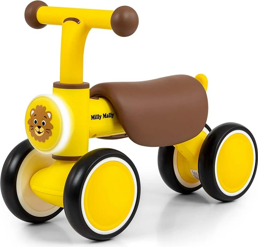 biçikletë pa pedale fëmijësh Milly Mally York 4 rrota LED dhe tinguj 12-36 muaj e verdhë