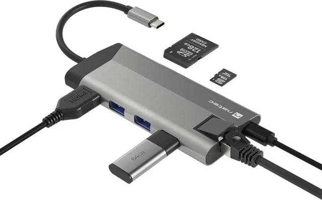 Multiport docking station Natec Fowler Plus, NMP-1690, 8 porte, USB-C PD, HDMI 4K, RJ45, SD/microSD, Gri