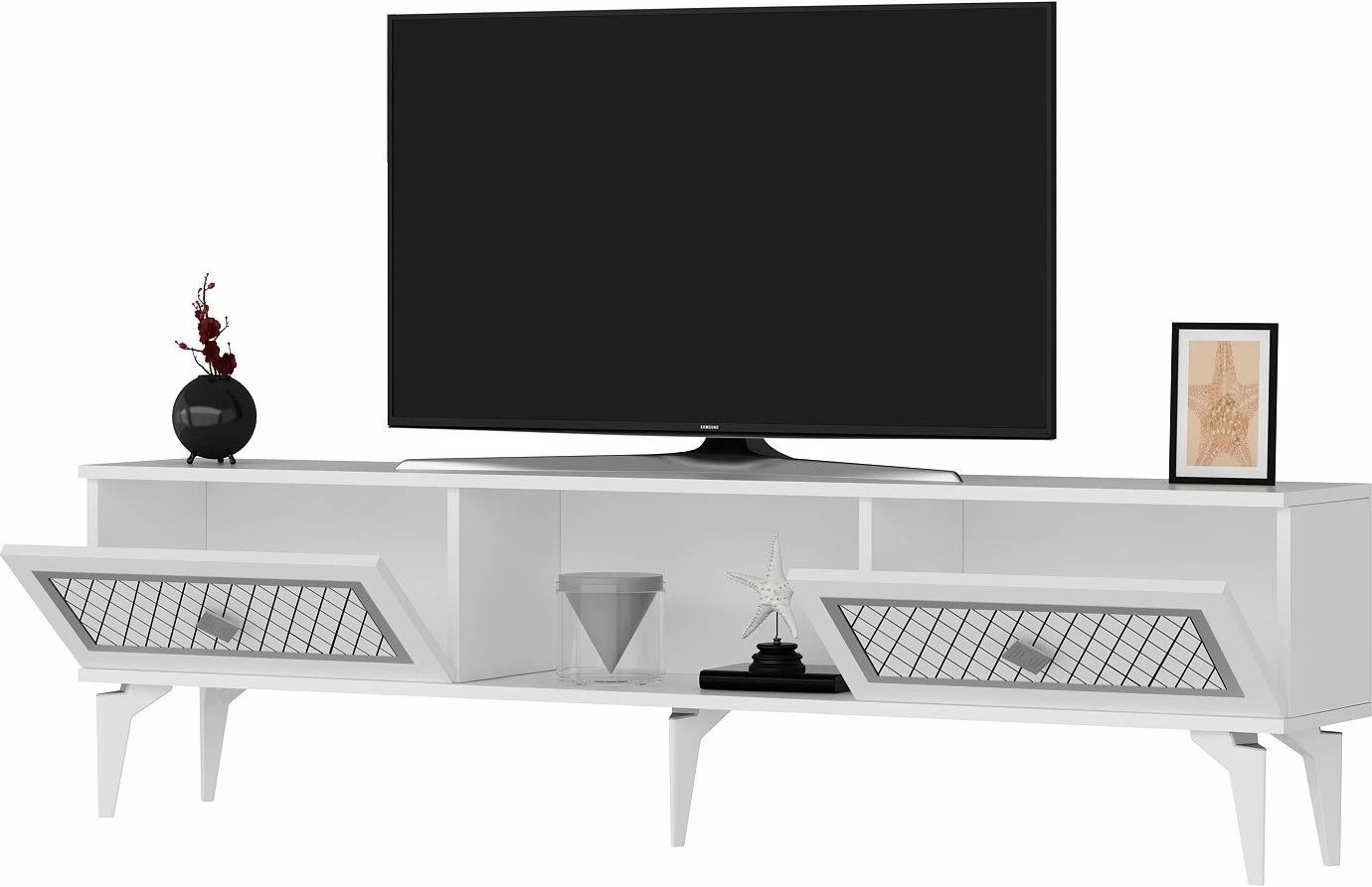 Komodë TV Skye Decor, e bardhë, argjend