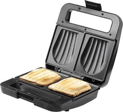 Aparat për sanduiçe Adler AD 3079, 750 W, pllaka jo-ngjitëse me formë guaske, 2 drita treguese, ruajtje vertikale, kabllo 70 cm, e zezë