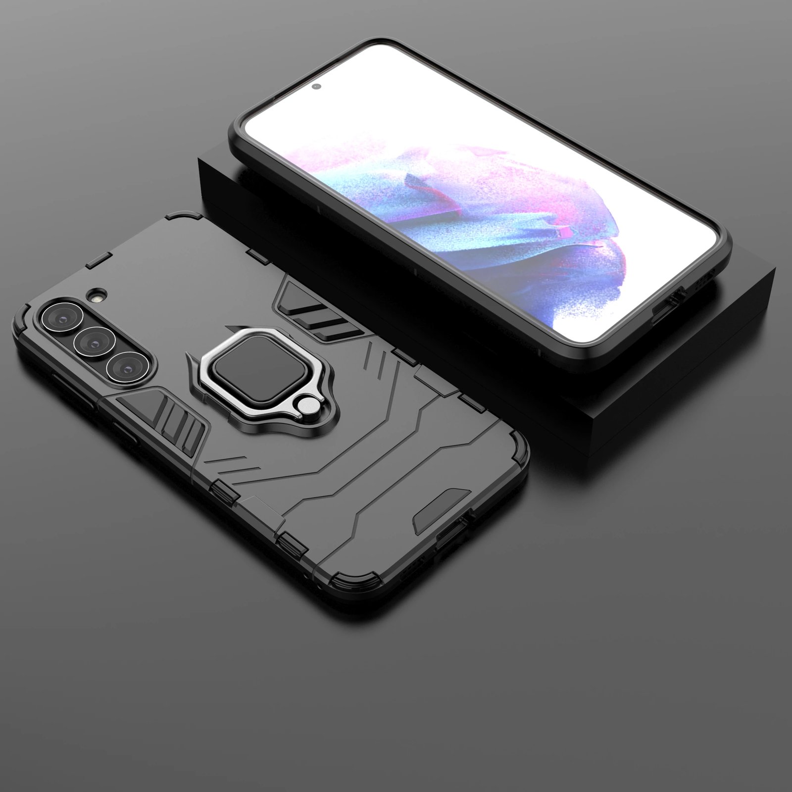 Mbështjellës Hurtel Ring Armor për Samsung Galaxy S23+, me unazë magnetike, i zi