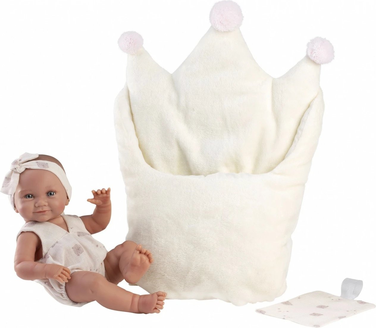 Kukull bebe vinili, Llorens, Nica 73814, 40 cm, me gjymtyrë dhe kokë lëvizëse, me Thes gjumi, e bardhë