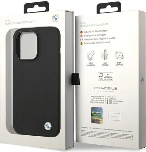 Mbështjellës BMW Silicone Metal Logo për iPhone 15 Pro, i zi
