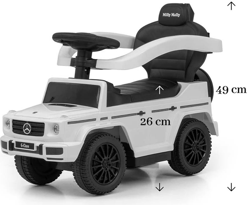 makinë shtytëse për fëmijë me dorezë, Milly Mally, Mercedes G350d, me dorezë udhëzuese, sedilje me hapësirë ruajtjeje, 12–36 muaj, 25 kg, e bardhë