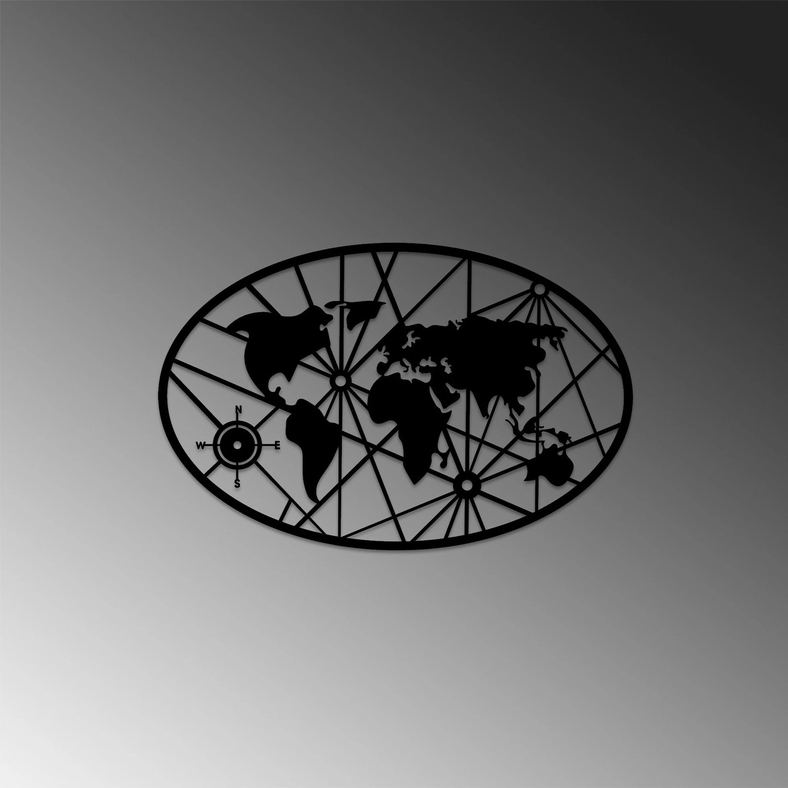 Aksesor dekorativ metalik për mur, hartë bote, Wallity, 50x77cm, ngjyrë e zezë