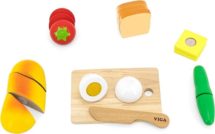 Set prerje mëngjesi prej druri, Viga, me dërrasë prerëse dhe thikë druri, elemente me Velcro, për 18+ muaj, Multicolor