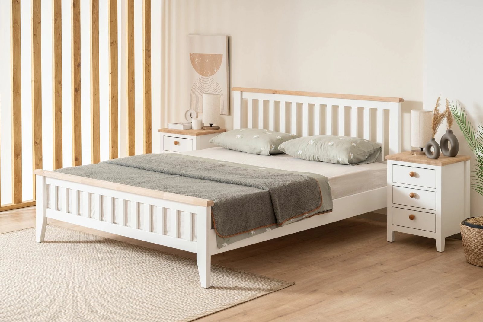 Krevat dopio Hanah Home, stil modern country, 120x200, ngjyrë e bardhë dhe lis