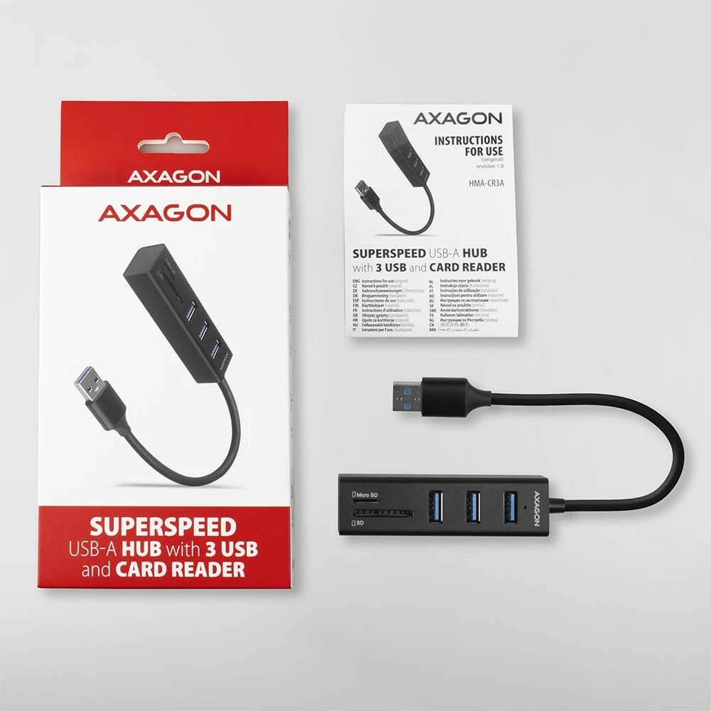 Hub multiport AXAGON HMA-CR3A, 3x USB-A, SD/microSD, USB 3.2 Gen 1, metal, 20cm, i zi