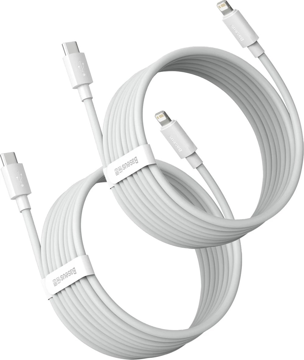 Kabllo Baseus Simple Wisdom TZCATLZJ-02, Lightning/USB-C, 1.5m, 20W, 2 copë, Bardhë