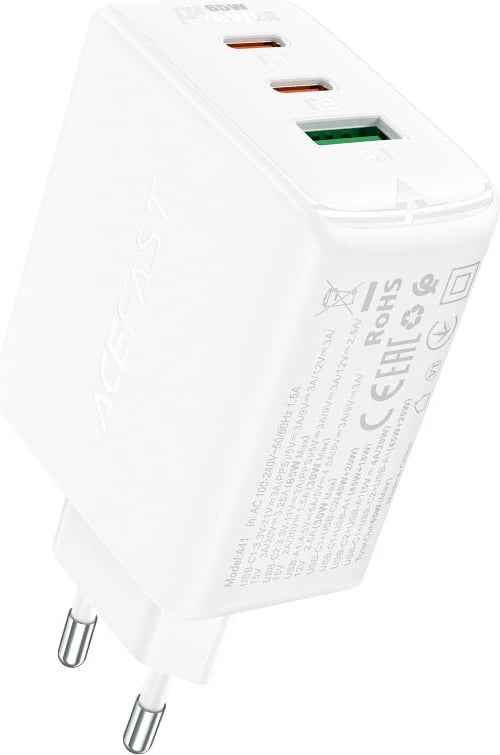 Karikues i shpejtë murit Acefast A41, 65W, 2x USB-C / USB-A, i bardhë